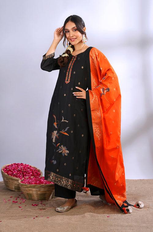 ROOH- Jet Black Three Piece Suit Set With Contrast Dupatta