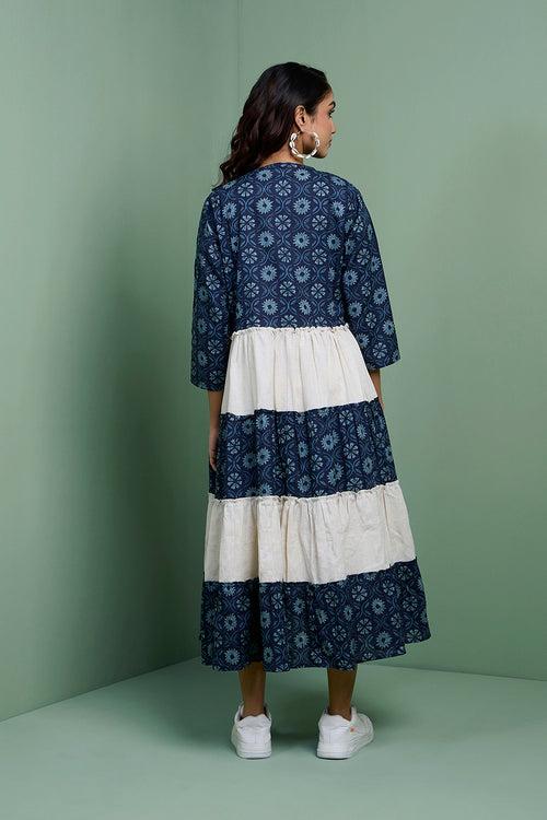 MASTANEY - Cotton Indigo Tiered Jacket With Ruffle Dress