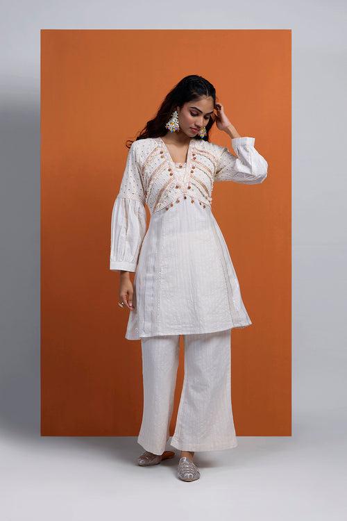 HOOR - Off-White Hakoba  Short Kurta With Pant