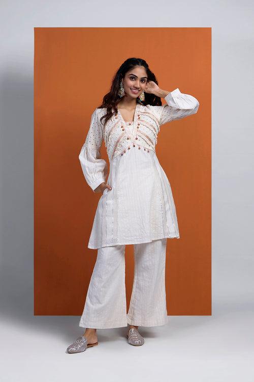 HOOR - Off-White Hakoba  Short Kurta With Pant