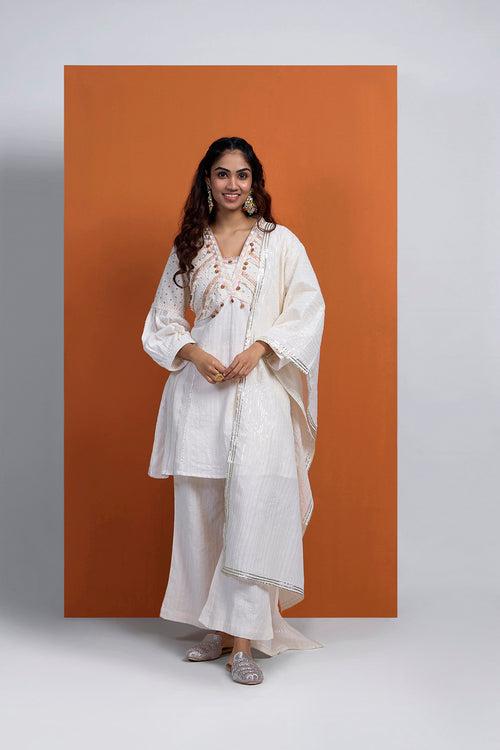 HOOR - Off-White Hakoba  Short Kurta With Pant