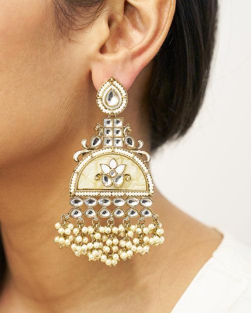 RUMI White golden kundan pearl earrings