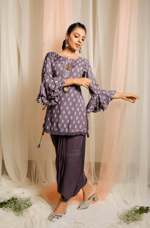 MATARGASHTI -Lilac  Printed Short Kurta With Lungi Skirt