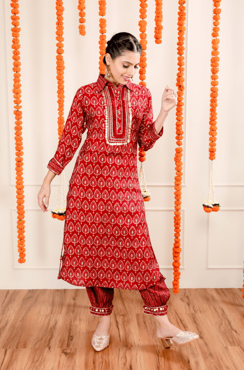 DESI SWAG -  Red Printed Co-ord Pathani Set