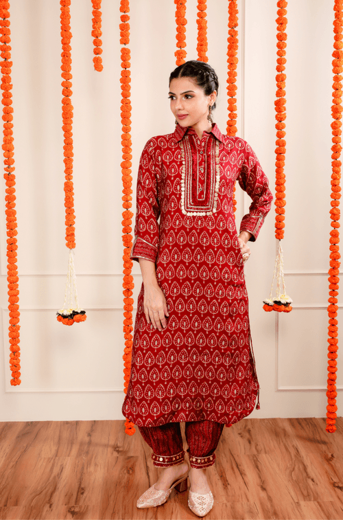 DESI SWAG -  Red Printed Co-ord Pathani Set