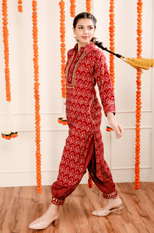 DESI SWAG -  Red Printed Co-ord Pathani Set