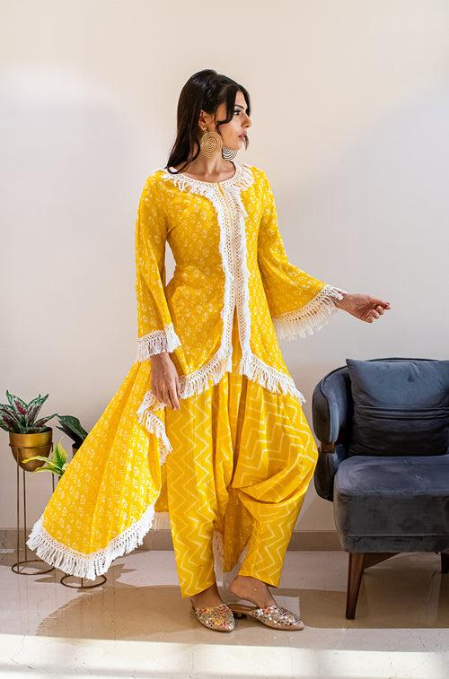 MATARGASHTI - Yellow Asymmetrical Long Kurta with Dhoti  Pants