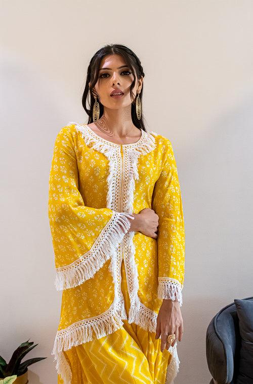 MATARGASHTI - Yellow Asymmetrical Long Kurta with Dhoti  Pants