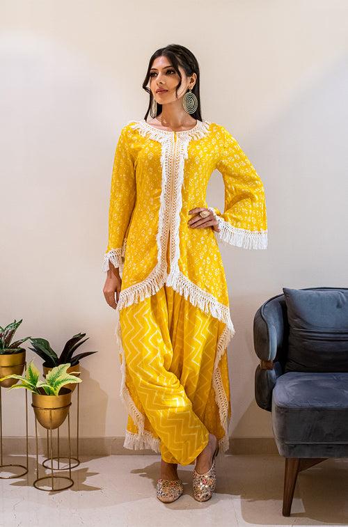 MATARGASHTI - Yellow Asymmetrical Long Kurta with Dhoti  Pants