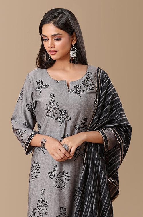 PANAAH - Floral Black 3 Piece Kurta Set with Dupatta