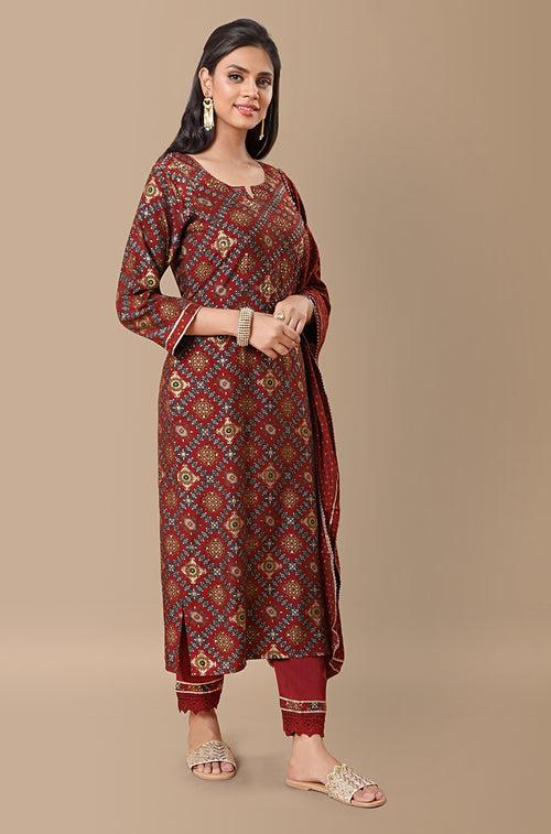 PANAAH - Mandala Red 3 Piece Kurta Set with Dupatta