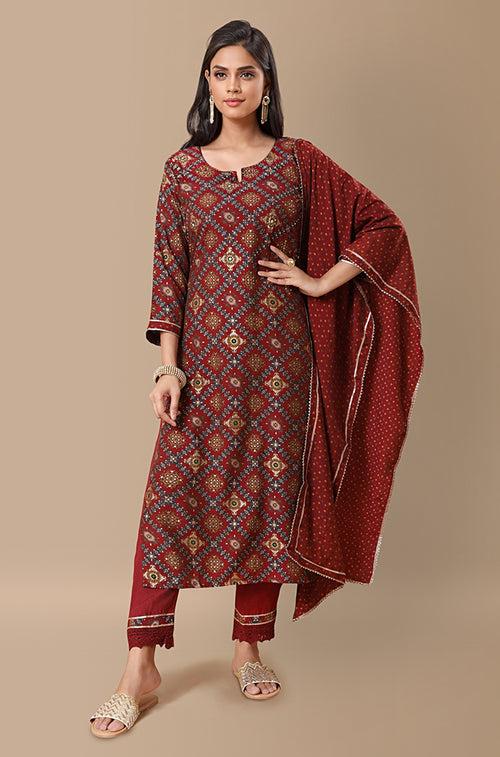 PANAAH - Mandala Red 3 Piece Kurta Set with Dupatta