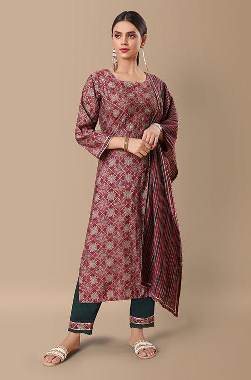 PANAAH - Muave 3 Piece Kurta Set with Striped Dupatta