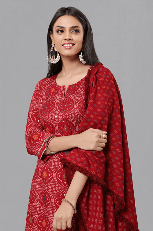 PANAAH - Red Three Piece Kurta Set with Dupatta