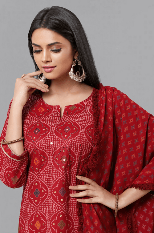 PANAAH - Red Three Piece Kurta Set with Dupatta