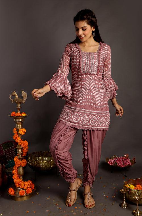 Go Bandhani !!! Rosewood Bandhani Kurta with Dhoti Pants