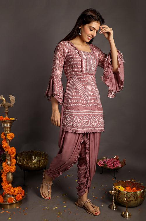 Go Bandhani !!! Rosewood Bandhani Kurta with Dhoti Pants