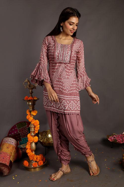 Go Bandhani !!! Rosewood Bandhani Kurta with Dhoti Pants