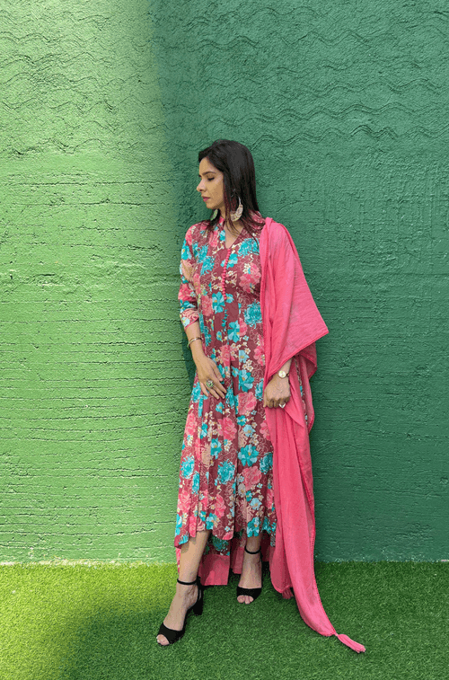 Rosewood Floral Printed Kali Gown With Stole