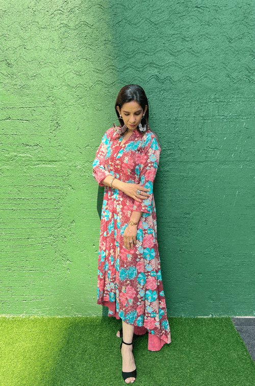 Rosewood Floral Printed Kali Gown With Stole