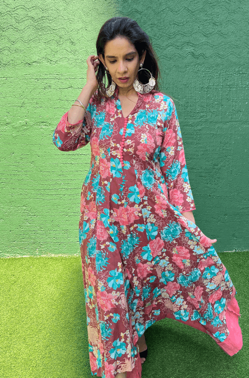 Rosewood Floral Printed Kali Gown With Stole