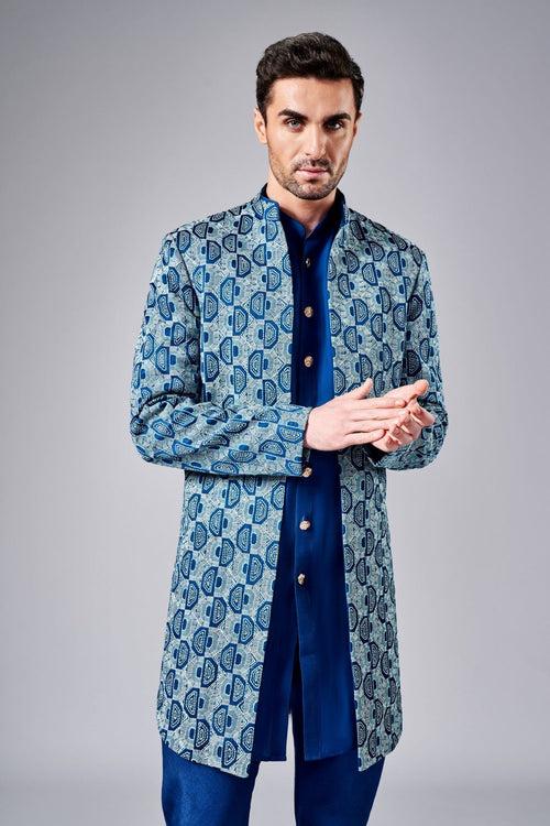 COBALT BLUE EMBROIDERED OPEN SHERWANI SET