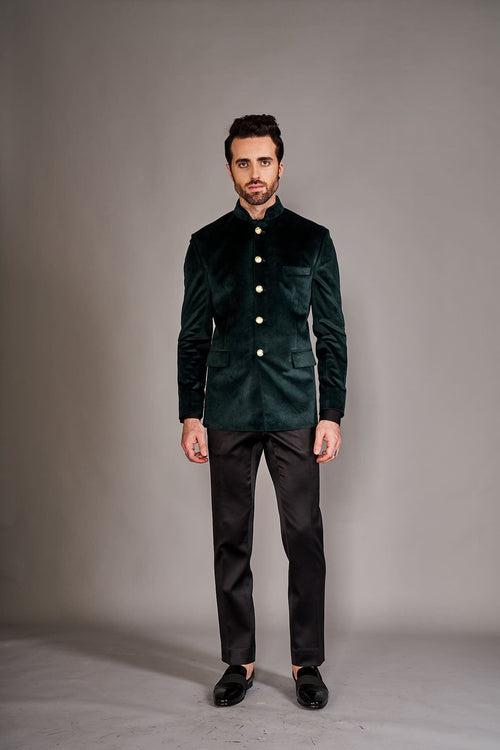 FOREST GREEN VELVET BANDGALA JACKET