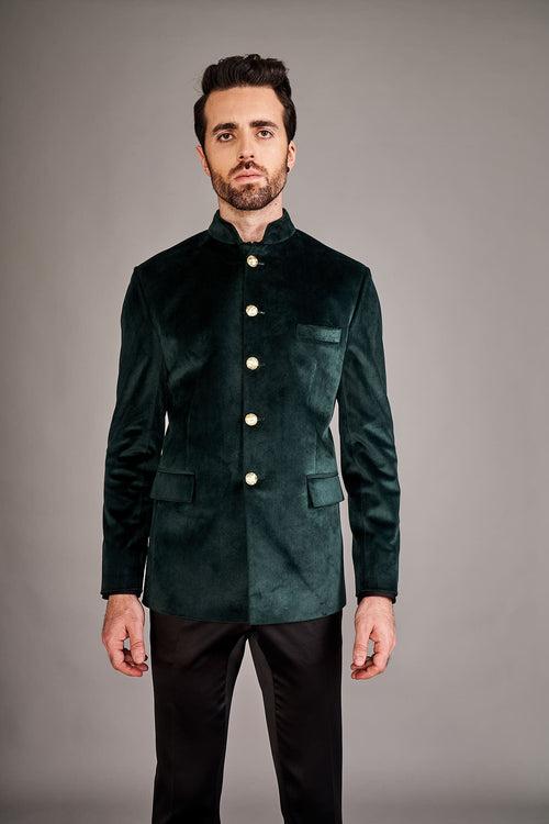 FOREST GREEN VELVET BANDGALA JACKET