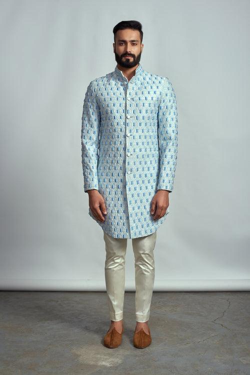 FROZEN BLUE HONEYCOMB SHERWANI