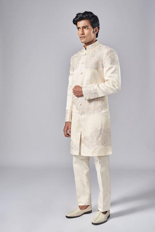 IVORY PLACEMENT HAND EMBROIDERED SHERWANI SET