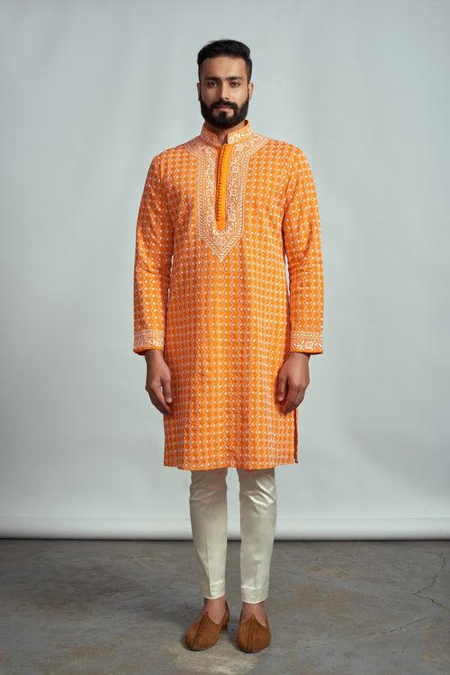 TANGERINE CHIKANKARI KURTA