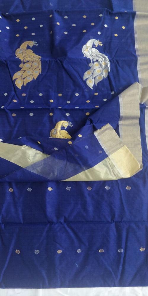 Blue Chanderi Silk Cotton Saree with Peacock Motifs