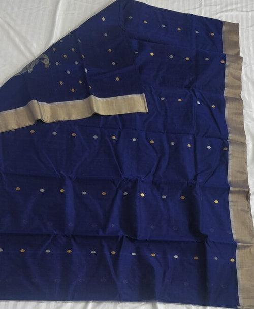 Blue Chanderi Silk Cotton Saree with Peacock Motifs