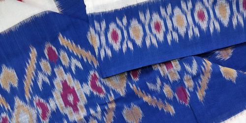 Blue Flower Motif Ikat Cotton Saree