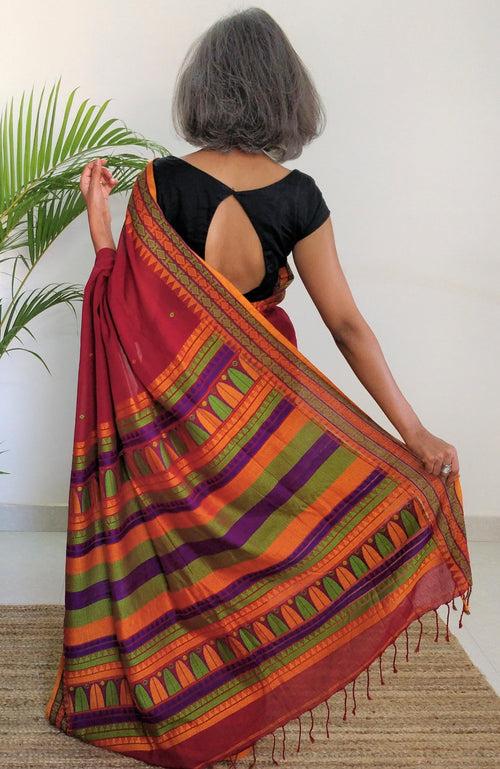 Maroon Dongria Cotton Saree