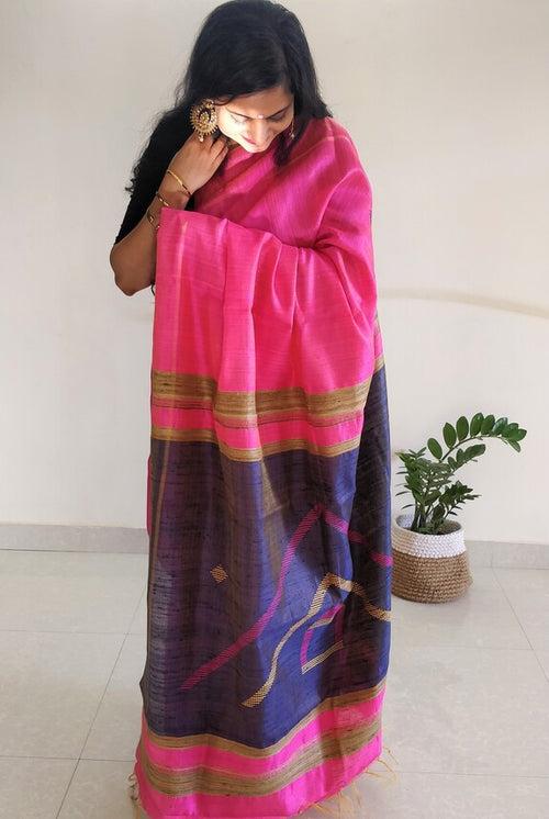 Peppy Pink Bhagalpuri Tussar Silk Saree