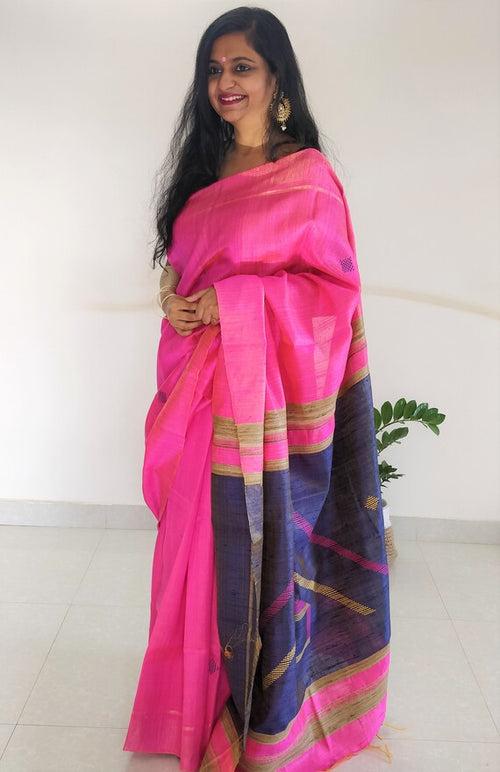 Peppy Pink Bhagalpuri Tussar Silk Saree