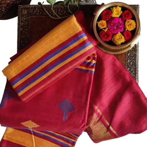 Red-Golden Yellow Tussar Silk Saree