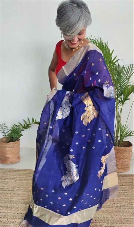 Blue Chanderi Silk Cotton Saree with Peacock Motifs