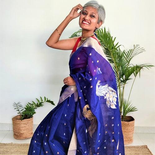 Blue Chanderi Silk Cotton Saree with Peacock Motifs