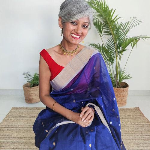 Blue Chanderi Silk Cotton Saree with Peacock Motifs