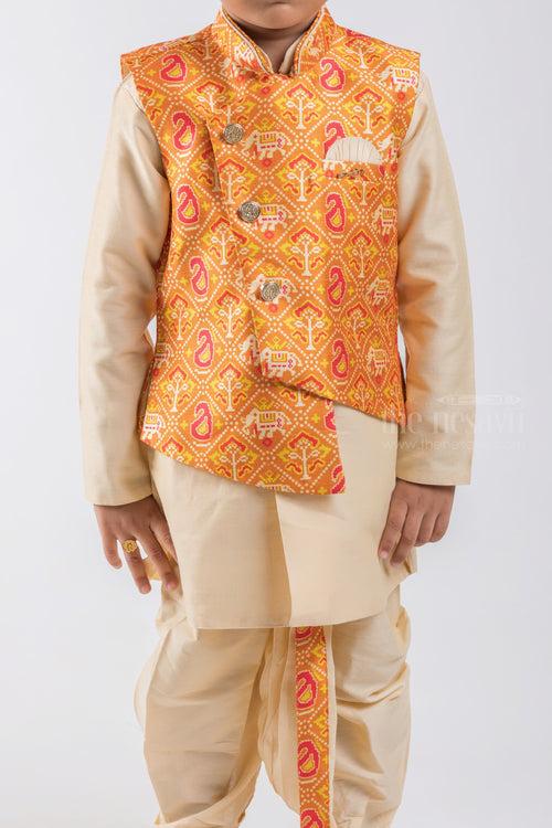 2 Set Pant Designer Kurta For Baby Boys With Orange Overcoat