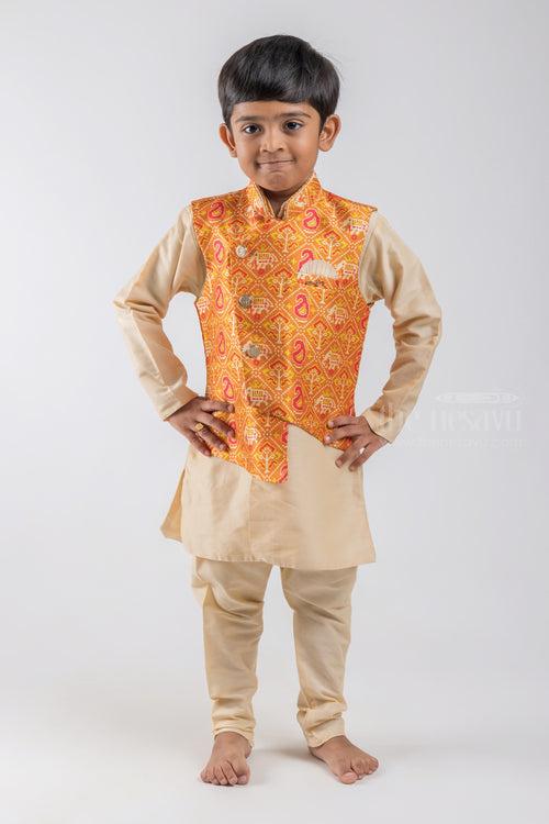 2 Set Pant Designer Kurta For Baby Boys With Orange Overcoat