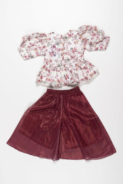 Blossom Chic: Floral Peplum Top and Textured Culotte Set for Girls