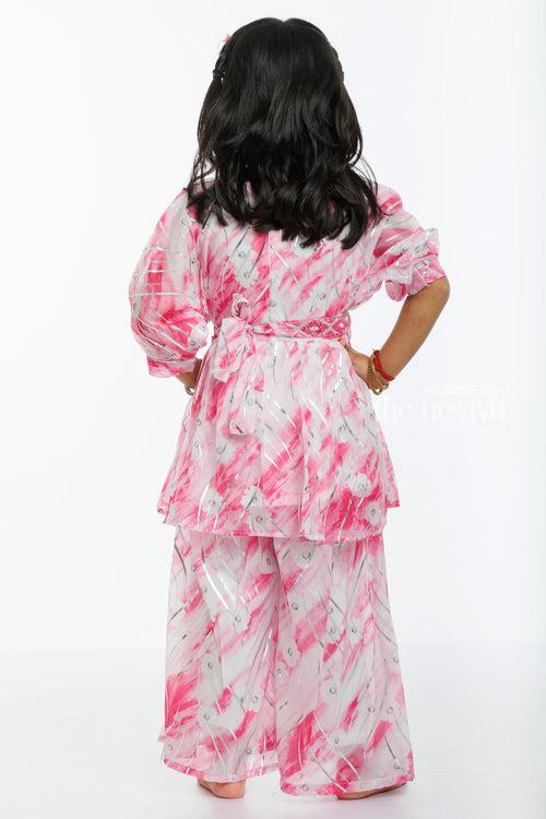 Blossoming Chic: Girls Pink Organza Peplum Top with Palazzo Ensemble