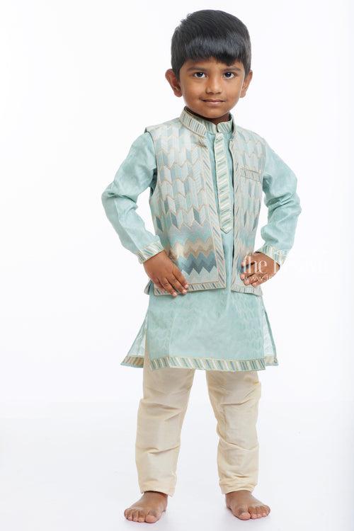 Boys Aqua Blue Jacket and Cream Kurta Pant Ensemble