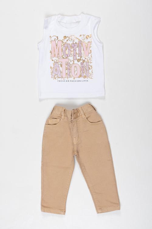 Boys Chevron Kurta Set with Motivational Tee - Elegant Pink and Beige Combo