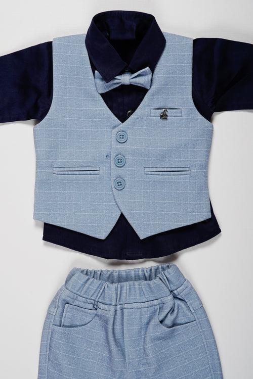 Boys Dapper Light Grey Suit Set with Navy Accents and Bow Tie