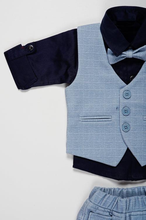 Boys Dapper Light Grey Suit Set with Navy Accents and Bow Tie