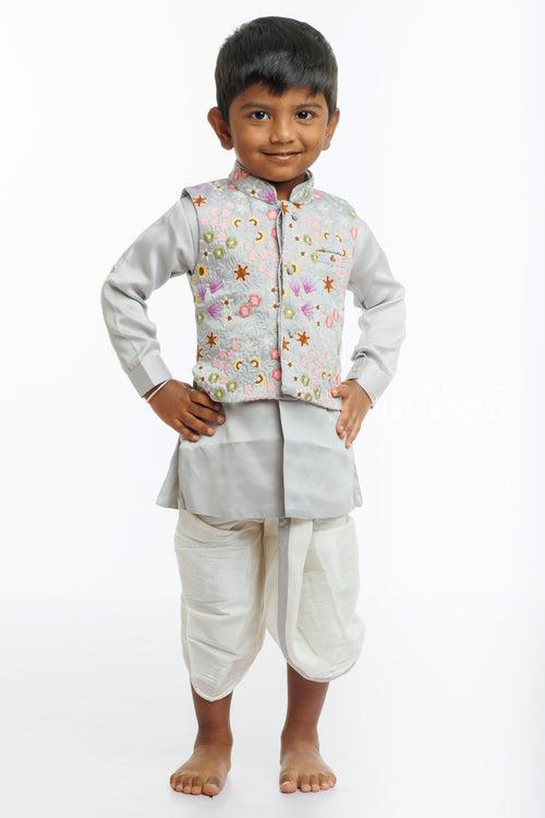 Boys Embroidered Floral Jacket with Kurta, Pant, and Dhoti Set